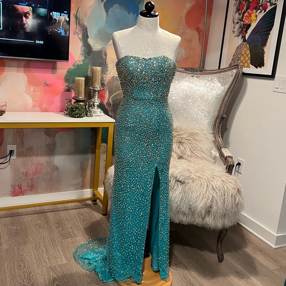 Sherri Hill High Slit Strapless Embellished Gown sz0
